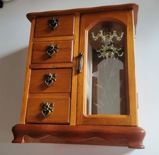 Vintage Wooden Armoire Jewelry Box Chest Necklace Carousel Etched Flowers