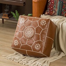 Moroccan Boho Leather Ottoman Footstool Pouf Unstuffed 17.5”Embroidered Brown