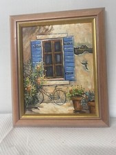 Tableau fenêtre volet bleu vélo signer Thomas cadre en bois très sympa