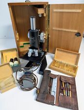 Vintage German Rhein-Optik Microscope w/ Wood Case & Accessories