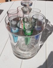 Vodka service 6 person ice bucket, carafe, colored shot glasses