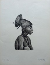 SCENE AFRICAINE DESSIN ETHNOLOGIQUE UNE MANGBETU ENCRE VERS 1920-30 (18)