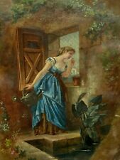 Hand screen & fire & 19th century & painting & young woman with watering can 