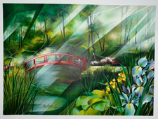 Passerelle Rouge Jardin Japonais LITHOGRAPHIE signée RAYMOND POULET 8/225 XX°