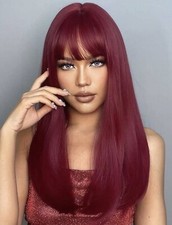 Perruque Femme Rouge Synthétique Cheveux Long À Frange Coiffure Wig +4 Bonnet