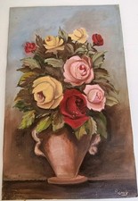 ANTIQUE ART DECO PAINTING BOUQUET OF FLOWERS OIL ON CARDBOARD SIGNED REMY? 51X32cm