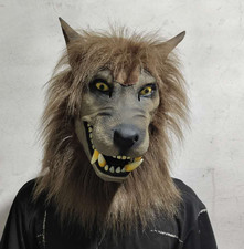 Scary Animal Wolf Head Halloween Mask Latex Costume Full Headgear with hair