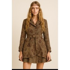 Vintage Olivier Strelli Floral Tapestry Belt Coat Flared Hem Jacket EU 42 US 10