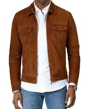 Veste de moto motard marron en cuir daim souple véritable pour homme...