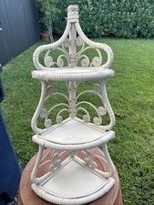 Vintage Rattan Etagere Corner Shelf Stand White Peacock Wicker Victorian