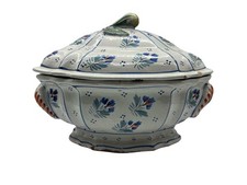 Antique French Earthenware Soup Bowl Floral Decor 19th Century, with Lid