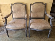 Pair of Louis XVI Style Armchairs in Grey Lacquered Wood and Faux Leather