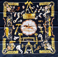 HERMES Carre 90 Copeaux Silk Scarf Black Gold All Over Pattern Japan [Used]