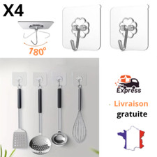 4 Crochet Ustensile De cuisine Porte-Serviette Salle De Bain Mur Plafond Adhésif