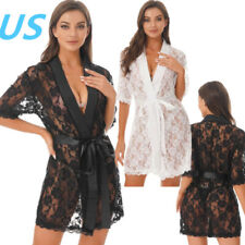 Women Sexy Lingerie Lace Nightgown See Through Sleepwear Dress Robe Kimono Gown 
