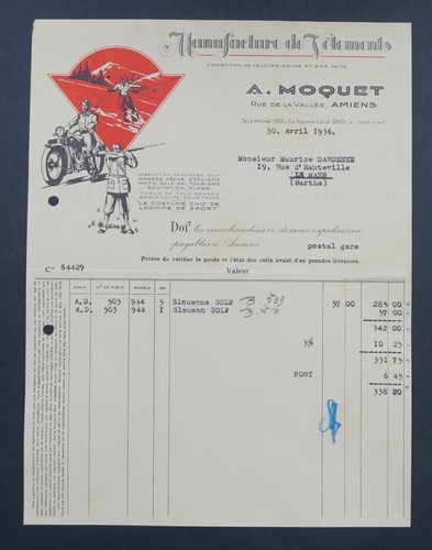 Invoice 1936 amiens sportswear - 1936,