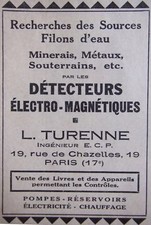 1934 ADVERTISING ELECTRO MAGNETIC METAL DETECTOR L. TURENNE