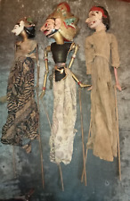 Lot 3 anciennes marionnettes indonésiennes Wayang Golek bois - Tissus déchirés