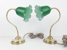 2 x Vintage Brass Table Lamps Green Tulip Shade 33 cm H