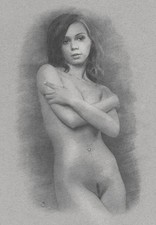 NU  Académique FUSAIN femme nue   réalisme erotic AKT.  ARTISTE coté 380 USD