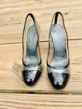 CHANEL Transparent PVC Escarpins Pumps Size 38 Black Clear Cap Toe CC Logo RARE