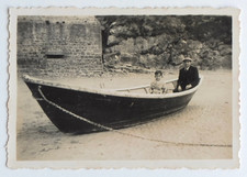 Father Son Sitting Boat Boat Beach - Old Photo Snapshot
