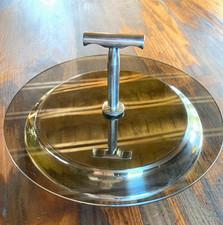 Grand plateau à fromages en verre fumé et métal argenté St Médard orfèvres 1970