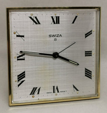 Vtg 1960s Swiza 8 Days 8cm Square Brass Minimalist Desktop Bedside Mantle Clock
