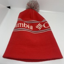 Columbia Women’s Red Spell Out Logo Pom Pom Beanie Toboggan Y2K ￼