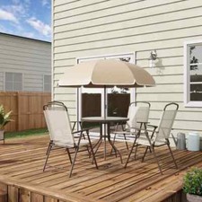 Salon de jardin de terrasse 6 pcs 4 chaises pliables 1 table ronde 1 parasol