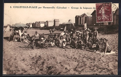 Cpa colleville plage - cpa, groupe