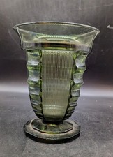 Vintage Luxval Val Saint Lambert Green Art Deco Picardie Vase 8"