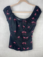 Collectif Milk Maid Top UK 10 S Black Flamingo Pin up Rockabilly Vintage Blouse