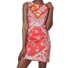 Desigual Women's 40 8 Mini Dress Vest Lisa Floral Foulard Linen Blend Red Shift