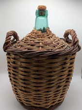 Vintage VIRESA Aqua Green Blue Glass Demijohn Wine Bottle in Wicker Basket 15"
