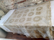 N29 Antique lace tablecloth du Puy linen beige 127x127cm Old lace tablecloth
