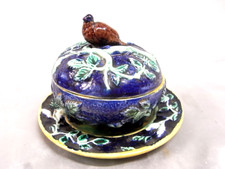 🇫🇷 BOUILLON COUVERT FAÏENCE EMAILLEE BARBOTINE OISEAU POT COUVERT ASSIETTE