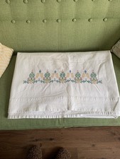 Large Vintage French Cotton Metis Sheet With Green Blue Pink Embroidery 