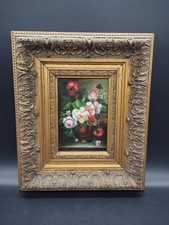 Peinture signée Victor –Bouquet floral– Cadre Baroque bois doré massif 34x29 cm