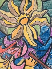 Tres beau Dessin Fleur Râteau Crayon Couleur Plante Papier 1950 Ancien Art