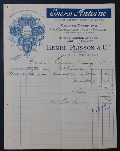 Facture paris 1909 encres - facture,