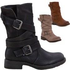 Femmes Chaussures Bottes Biker Motocycliste Faux Casual Boucles Neuf 1050