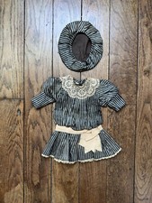 Antique Doll Grey Striped Silk Dress And Hat