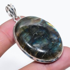 Pendentif pierre précieuse forme ovale en labradorite feu bleu bijou fait...