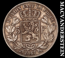 Belgium: 1867 Five Francs Silver - Scarce  Better Date  No Reserve  #E2855
