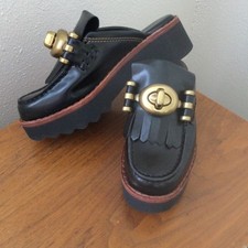 Coach Womens Turnlock Creepers Slide Mules Black Fringe Size 5 B Patent Leather