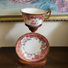 D&C Limoges France Hand PaintedPorcelain Cup And Saucer Pink Flowers Rose Gold 