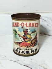 Excellent 1924 Land-O-Lakes Indian Label Early June Peas Can Oconomowoc Wisc.