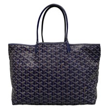 Auth GOYARD Saint Louis PM Navy Coated Canvas Leather Tote Bag