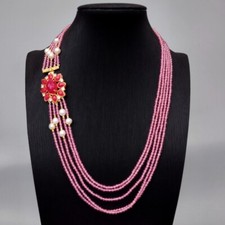5 Strands Rose Pink Crystal White Pearl Collier Necklace Red Jade Clasp Gift